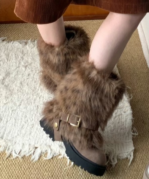 セール】2wayふわもこファー厚底ショートブーツ／スタッズベルト付き