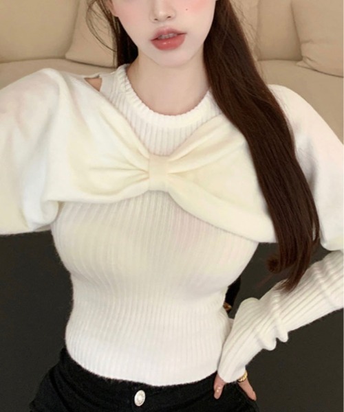 kirakiraShop(キラキラショップ)の「リボン オフショル キャミ ニット(ニット/セーター・レディース・レッド/オフホワイト/ブラック・FREE)」の7枚目の写真