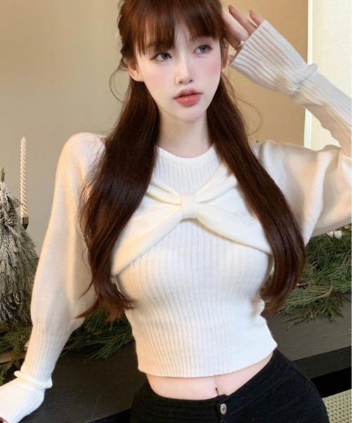 kirakiraShop(キラキラショップ)の「リボン オフショル キャミ ニット(ニット/セーター・レディース・レッド/オフホワイト/ブラック・FREE)」の10枚目の写真