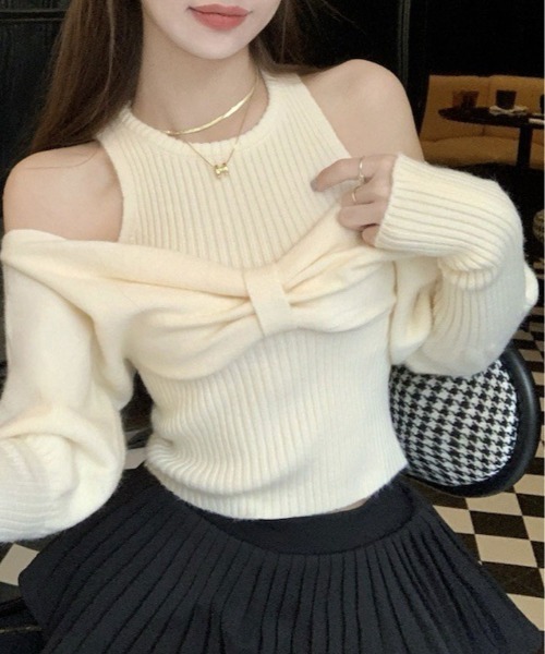 kirakiraShop(キラキラショップ)の「リボン オフショル キャミ ニット(ニット/セーター・レディース・レッド/オフホワイト/ブラック・FREE)」の15枚目の写真