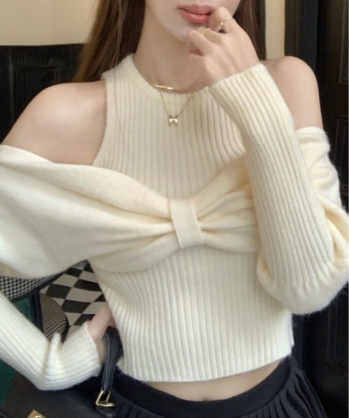 kirakiraShop(キラキラショップ)の「リボン オフショル キャミ ニット(ニット/セーター・レディース・レッド/オフホワイト/ブラック・FREE)」の16枚目の写真