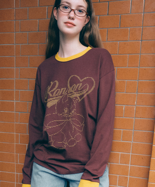 RONRON(ロンロン)の「ALPHABET SKETCH CAT RINGER LONG SLEEVE BROWN MUSTARD(Tシャツ/カットソー・レディース・その他・FREE)」の1枚目の写真