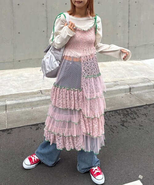 HELLO.SANFRANCISCO(ハローサンフランシスコ)の「★【HELLO.SANFRANCISCO/ハローサンフランシスコ】2WAYレースブロッキングティアードスカート(スカート・レディース・ホワイト/アイボリー/ピンク・ONE SIZE)」の1枚目の写真