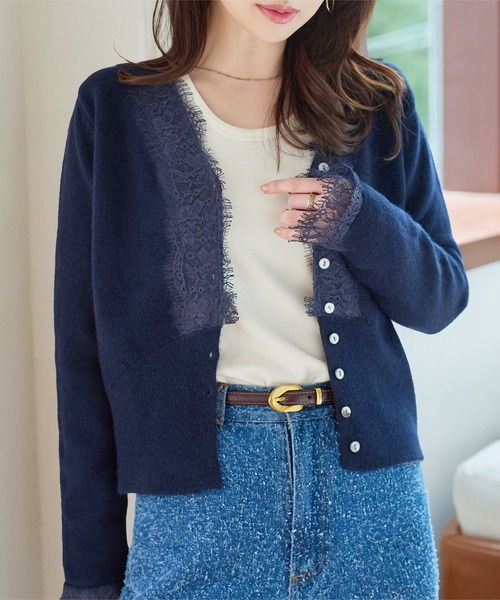 KOBE LETTUCE（コウベレタス）の「Vネックレースニットカーディガン（カーディガン/ボレロ・レディース・グレー/サンドベージュ/ネイビー・M）」の10枚目の写真