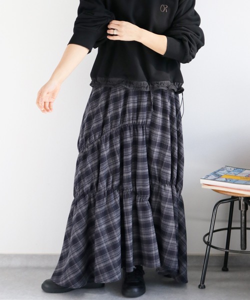 cepo（セポ）の「起毛チェックギャザーアシメイージースカート（スカート・レディース・ネイビー系/ブラック系・M）」の2枚目の写真