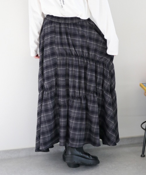 cepo（セポ）の「起毛チェックギャザーアシメイージースカート（スカート・レディース・ネイビー系/ブラック系・M）」の9枚目の写真