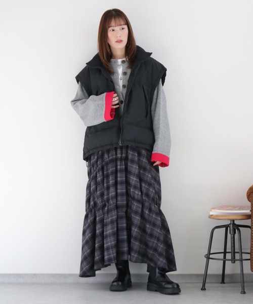 cepo（セポ）の「起毛チェックギャザーアシメイージースカート（スカート・レディース・ネイビー系/ブラック系・M）」の7枚目の写真