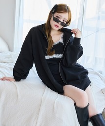 ヌメロ フリース パーカー ジャージ フルジップ ビッグシルエット XSブラック ビッグシルエット」に該当するパーカー（ジップアップ）ファッション