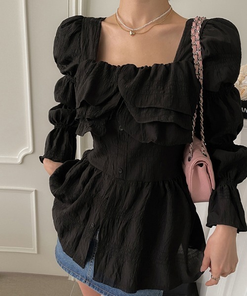 スクエアネック×シャーリングパフスリーブブラウス（シャツ/ブラウス