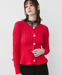 MONOe（モノエ）の「【1枚で着映え】ビジューボタンぺプラムリブカーディガン（カーディガン/ボレロ）」