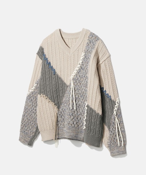 HARE(ハレ)の「ハイショクステッチVネックニット(HARE)(ニット/セーター・メンズ・ブラック/グレー・FREE)」の2枚目の写真