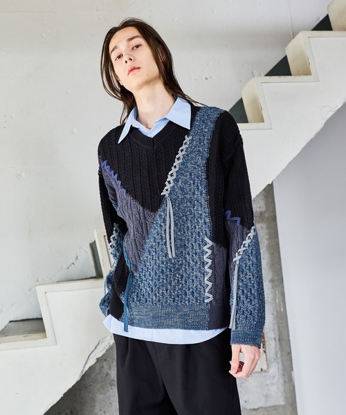 HARE(ハレ)の「ハイショクステッチVネックニット(HARE)(ニット/セーター・メンズ・ブラック/グレー・FREE)」の7枚目の写真