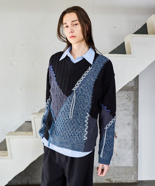 HARE(ハレ)の「ハイショクステッチVネックニット(HARE)(ニット/セーター・メンズ・ブラック/グレー・FREE)」の8枚目の写真