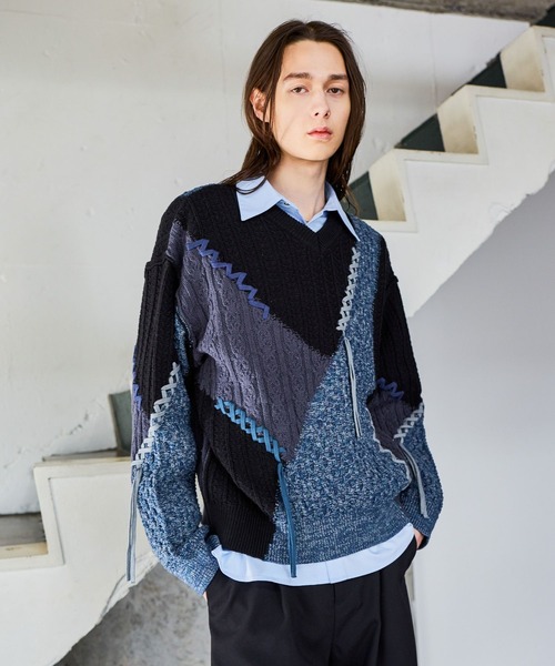 HARE(ハレ)の「ハイショクステッチVネックニット(HARE)(ニット/セーター・メンズ・ブラック/グレー・FREE)」の9枚目の写真