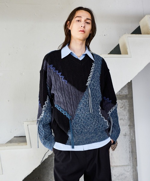 HARE(ハレ)の「ハイショクステッチVネックニット(HARE)(ニット/セーター・メンズ・ブラック/グレー・FREE)」の6枚目の写真