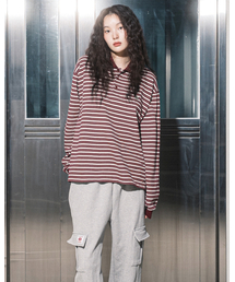 AURORA STRIPE COLLAR L/S TEE(WINE)