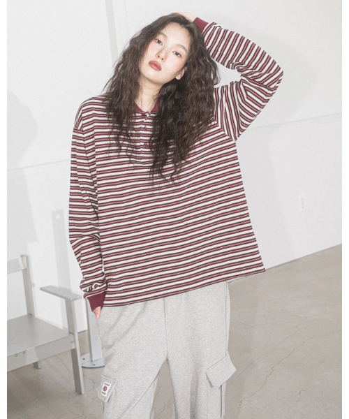HAVISM（ヘビズム）の「AURORA STRIPE COLLAR L/S TEE(WINE)（ポロシャツ・レディース・その他・ONE SIZE）」の4枚目の写真