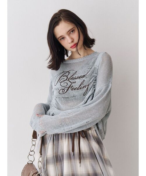 jouetie（ジュエティ）の「シアーギャザーロゴニット（ニット/セーター・レディース・ブルー/オフホワイト/ブラック・MEDIUM）」の4枚目の写真