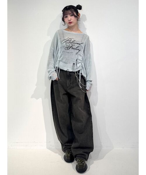 jouetie(ジュエティ)の「シアーギャザーロゴニット 春服 春ニット(ニット/セーター・レディース・ブルー/オフホワイト/ブラック・MEDIUM)」の7枚目の写真