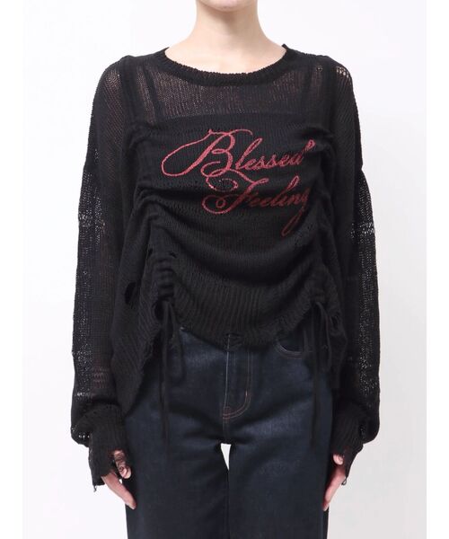jouetie(ジュエティ)の「シアーギャザーロゴニット 春服 春ニット(ニット/セーター・レディース・ブルー/オフホワイト/ブラック・MEDIUM)」の13枚目の写真