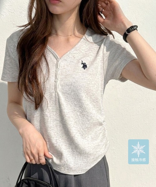 U.S. POLO ASSN.(ユーエスポロアッスン)の「GeeRA別注【U.S. POLO ASSN.】細見え!接触冷感Vネックヘンリーリブカットソー(Tシャツ/カットソー・レディース・杢グレー/オートミール/ネイビー/グレー系その他/オフホワイト・SMALL/MEDIUM/LARGE/X-LARGE)」の5枚目の写真