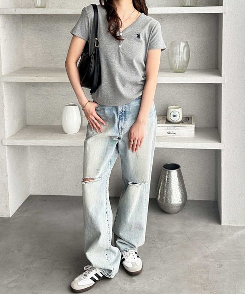 U.S. POLO ASSN.(ユーエスポロアッスン)の「GeeRA別注【U.S. POLO ASSN.】細見え!接触冷感Vネックヘンリーリブカットソー(Tシャツ/カットソー・レディース・杢グレー/オートミール/ネイビー/グレー系その他/オフホワイト・SMALL/MEDIUM/LARGE/X-LARGE)」の10枚目の写真