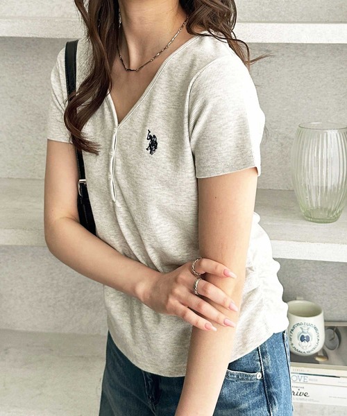 U.S. POLO ASSN.(ユーエスポロアッスン)の「GeeRA別注【U.S. POLO ASSN.】細見え!接触冷感Vネックヘンリーリブカットソー(Tシャツ/カットソー・レディース・杢グレー/オートミール/ネイビー/グレー系その他/オフホワイト・SMALL/MEDIUM/LARGE/X-LARGE)」の14枚目の写真