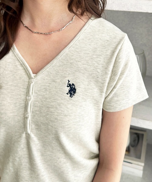 U.S. POLO ASSN.(ユーエスポロアッスン)の「GeeRA別注【U.S. POLO ASSN.】細見え!接触冷感Vネックヘンリーリブカットソー(Tシャツ/カットソー・レディース・杢グレー/オートミール/ネイビー/グレー系その他/オフホワイト・SMALL/MEDIUM/LARGE/X-LARGE)」の17枚目の写真