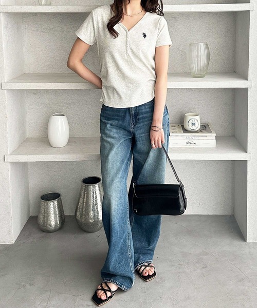 U.S. POLO ASSN.(ユーエスポロアッスン)の「GeeRA別注【U.S. POLO ASSN.】細見え!接触冷感Vネックヘンリーリブカットソー(Tシャツ/カットソー・レディース・杢グレー/オートミール/ネイビー/グレー系その他/オフホワイト・SMALL/MEDIUM/LARGE/X-LARGE)」の19枚目の写真