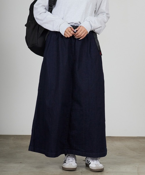 Gramicci（グラミチ）の「Gramicci/グラミチ STRETCH DENIM LONG FLARE SKIRT ストレッチ デニム ロング フレア スカート バックスリット ベルト内蔵 2026年 夏 夏服 秋服（デニムスカート・レディース・ブルー/ワンウォッシュ/ダークブルー・M/S/L）」の14枚目の写真