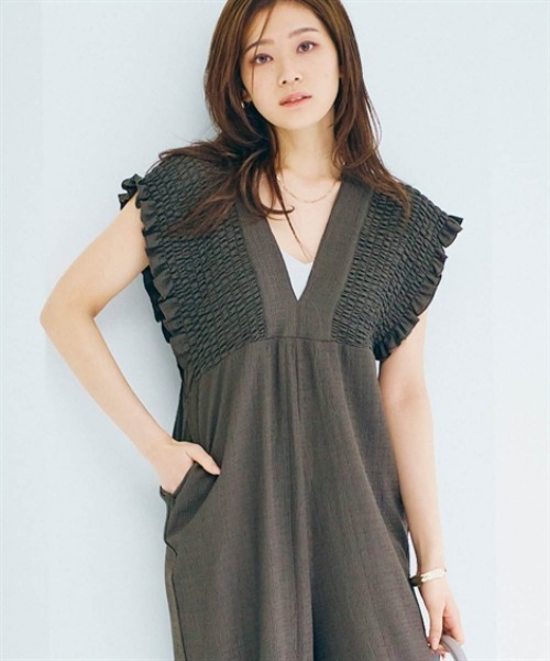 nissen（ニッセン）の「楊柳カットソーバックリボンオールインワン（つなぎ/オールインワン・レディース・ブルー/ダークブラウン/ブラック・S/M/L/LL）」の2枚目の写真