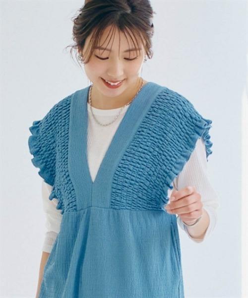 nissen（ニッセン）の「楊柳カットソーバックリボンオールインワン（つなぎ/オールインワン・レディース・ブルー/ダークブラウン/ブラック・S/M/L/LL）」の5枚目の写真