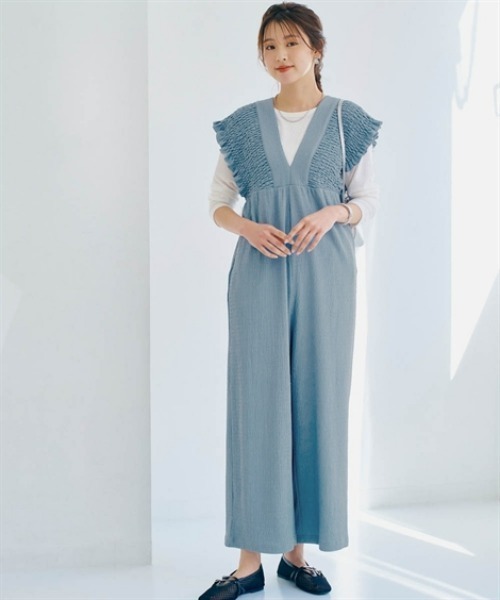 nissen（ニッセン）の「楊柳カットソーバックリボンオールインワン（つなぎ/オールインワン・レディース・ブルー/ダークブラウン/ブラック・S/M/L/LL）」の4枚目の写真