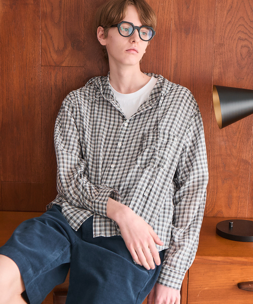OSKR(オーエスケーアール)の「OSKR / オーエスケーアール ex Washer Sheer Check Hoodie Shirt(シャツ/ブラウス・メンズ・グレー/ホワイト・LARGE/MEDIUM)」の1枚目の写真