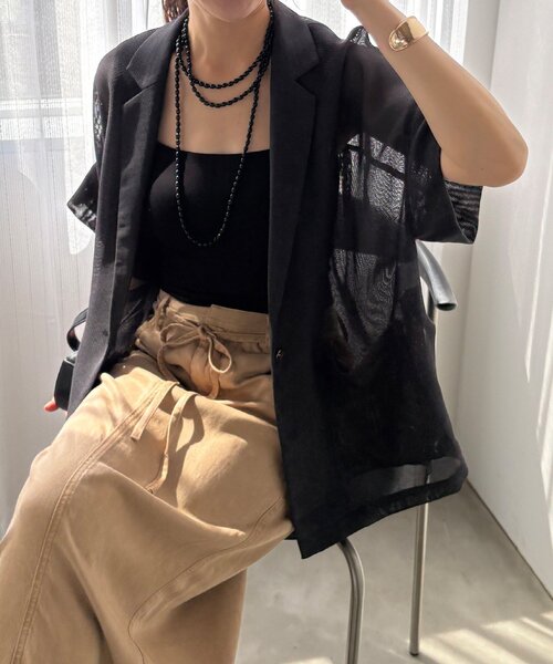 DouDou(ドゥドゥ)の「【軽量/シワになりにくい】GOLD1つボタンメッシュ半袖ジャケット(テーラードジャケット・レディース・チャコールグレー/オフホワイト/ブラック/ベージュ/グレー系その他2・FREE)」の10枚目の写真