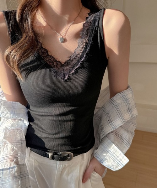 yuue' ( wear )(ユーイ)の「Vネックレース付きリブタンクトップ(タンクトップ・レディース・ブラック/ホワイト・L/M)」の12枚目の写真
