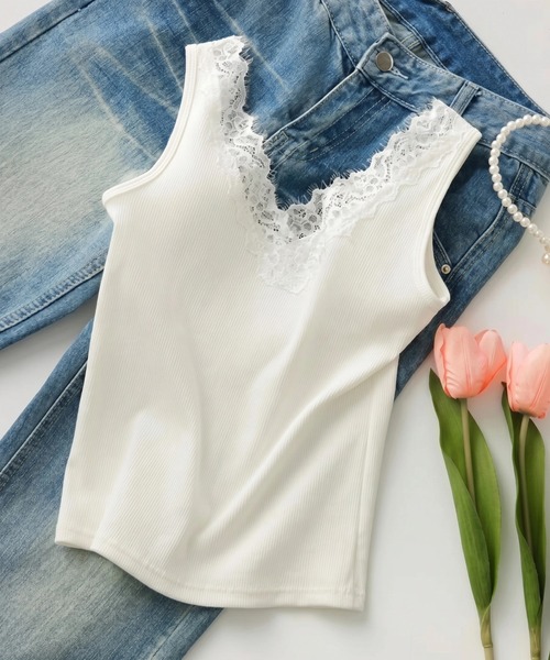 yuue' ( wear )(ユーイ)の「Vネックレース付きリブタンクトップ(タンクトップ・レディース・ブラック/ホワイト・L/M)」の10枚目の写真