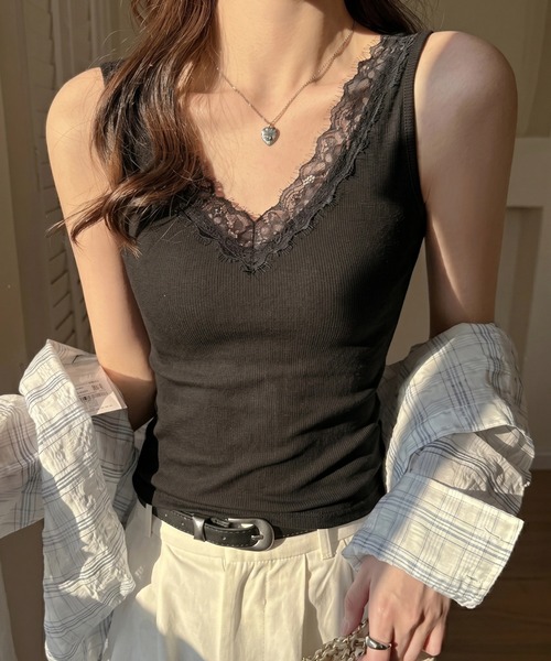 yuue' ( wear )(ユーイ)の「Vネックレース付きリブタンクトップ(タンクトップ・レディース・ブラック/ホワイト・L/M)」の11枚目の写真