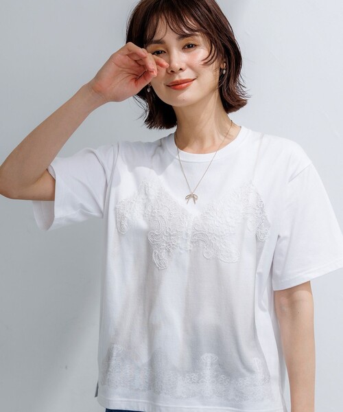 組曲(クミキョク)の「【WEB限定】トロンプルイユ レースキャミソール Tシャツ(Tシャツ/カットソー・レディース・ホワイト系・5/6)」の1枚目の写真
