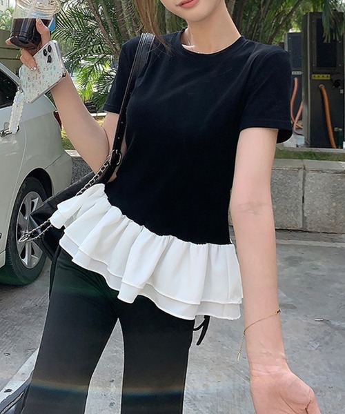 c.u.l（シーユーエル）の「ラウンドネック フリル ペプラムトップス culw919（Tシャツ/カットソー・レディース・ホワイト/ブラック・FREE）」の2枚目の写真