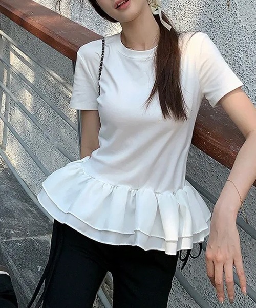 c.u.l（シーユーエル）の「ラウンドネック フリル ペプラムトップス culw919（Tシャツ/カットソー・レディース・ホワイト/ブラック・FREE）」の7枚目の写真