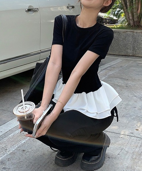 c.u.l（シーユーエル）の「ラウンドネック フリル ペプラムトップス culw919（Tシャツ/カットソー・レディース・ホワイト/ブラック・FREE）」の11枚目の写真