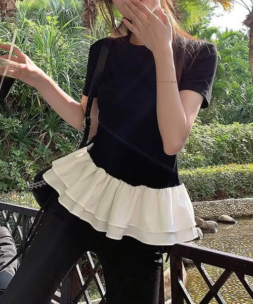 c.u.l（シーユーエル）の「ラウンドネック フリル ペプラムトップス culw919（Tシャツ/カットソー・レディース・ホワイト/ブラック・FREE）」の13枚目の写真