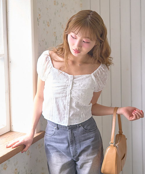 Mi-je(ミジェ)の「ギャザーレースブラウス(チュニック・レディース・レモンイエロー/オフホワイト・F)」の1枚目の写真