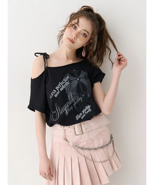 EVRIS(エヴリス)の「モチーフワンショルダーグラフィックトップス(Tシャツ/カットソー・レディース・ホワイト/ブラック/カーキ・FREE)」の2枚目の写真