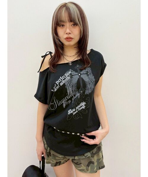 EVRIS(エヴリス)の「モチーフワンショルダーグラフィックトップス(Tシャツ/カットソー・レディース・ホワイト/ブラック/カーキ・FREE)」の12枚目の写真