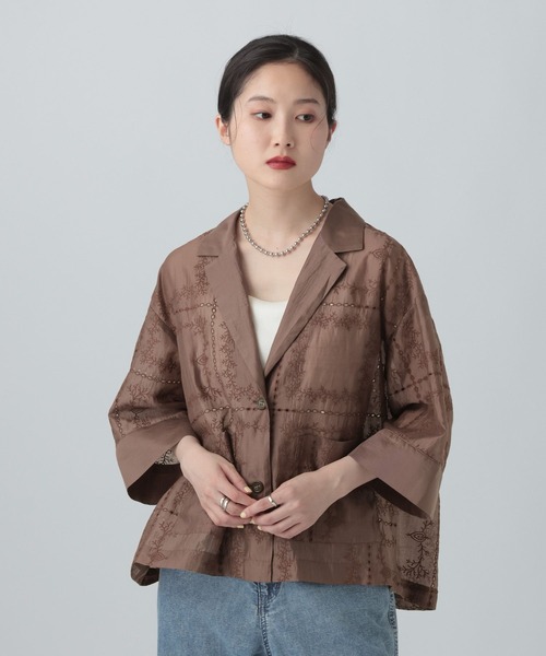 LEPSIM(レプシィム)の「オーガンジー刺繍5分袖ジャケット 643499(その他アウター・レディース・ブラウン/ブラック/オフホワイト・FREE)」の1枚目の写真