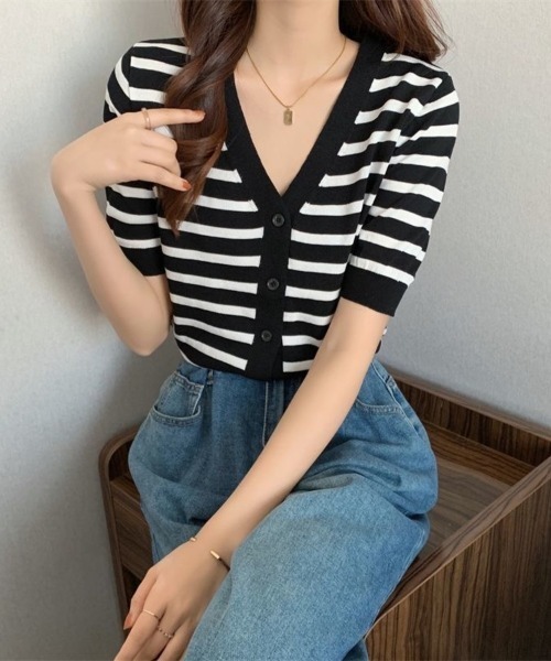 Beststore（ベストストア）の「Vネック ボーダー柄 半袖サマーニットカーディガン（カーディガン/ボレロ・レディース・ホワイト/ベージュ系/ブラック系・FREE）」の10枚目の写真