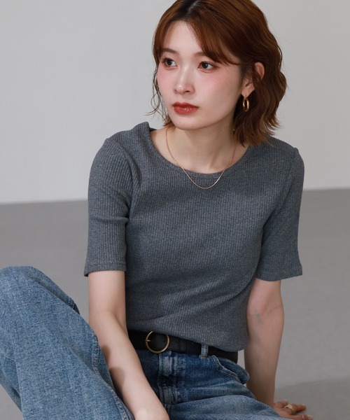 OMNES(オムネス)の「接触冷感 後ろV開きリブカットソー 半端袖(Tシャツ/カットソー・レディース・ラベンダー/グレー・FREE)」の14枚目の写真