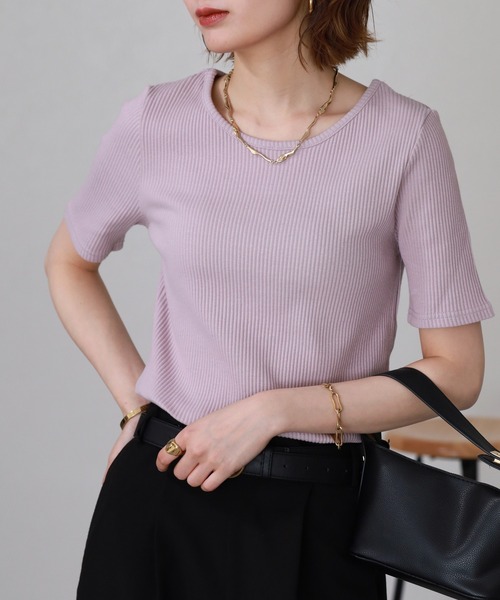 OMNES(オムネス)の「接触冷感 後ろV開きリブカットソー 半端袖(Tシャツ/カットソー・レディース・ラベンダー/グレー・FREE)」の8枚目の写真